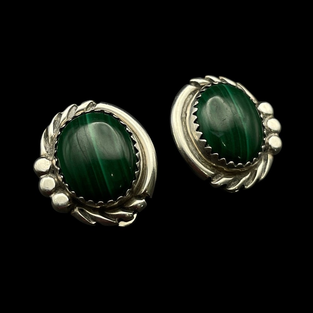 Vintage Sterling Silver Green Malachite Clip On Earrings Small Petite Gemstone